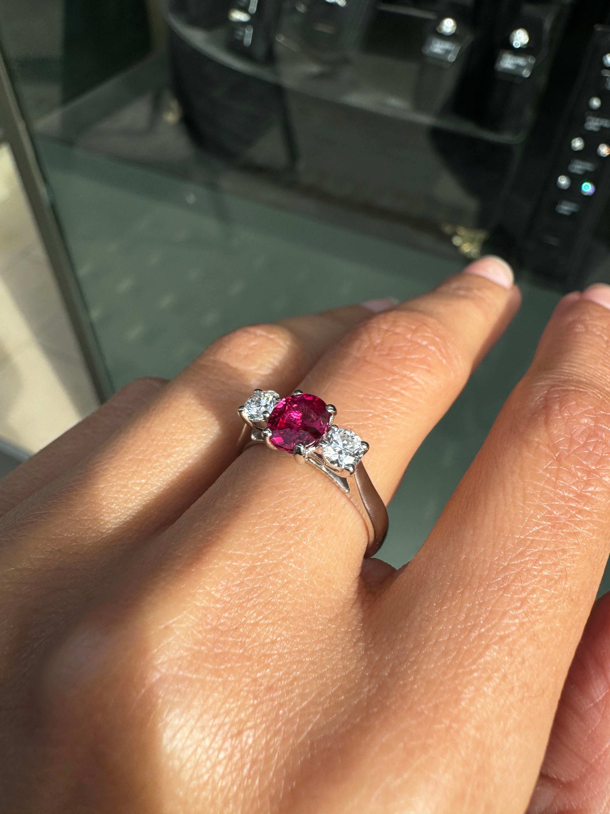 1.05ct Natural Unheated Oval Ruby & Diamond Platinum Three-Stone Engagement Ring