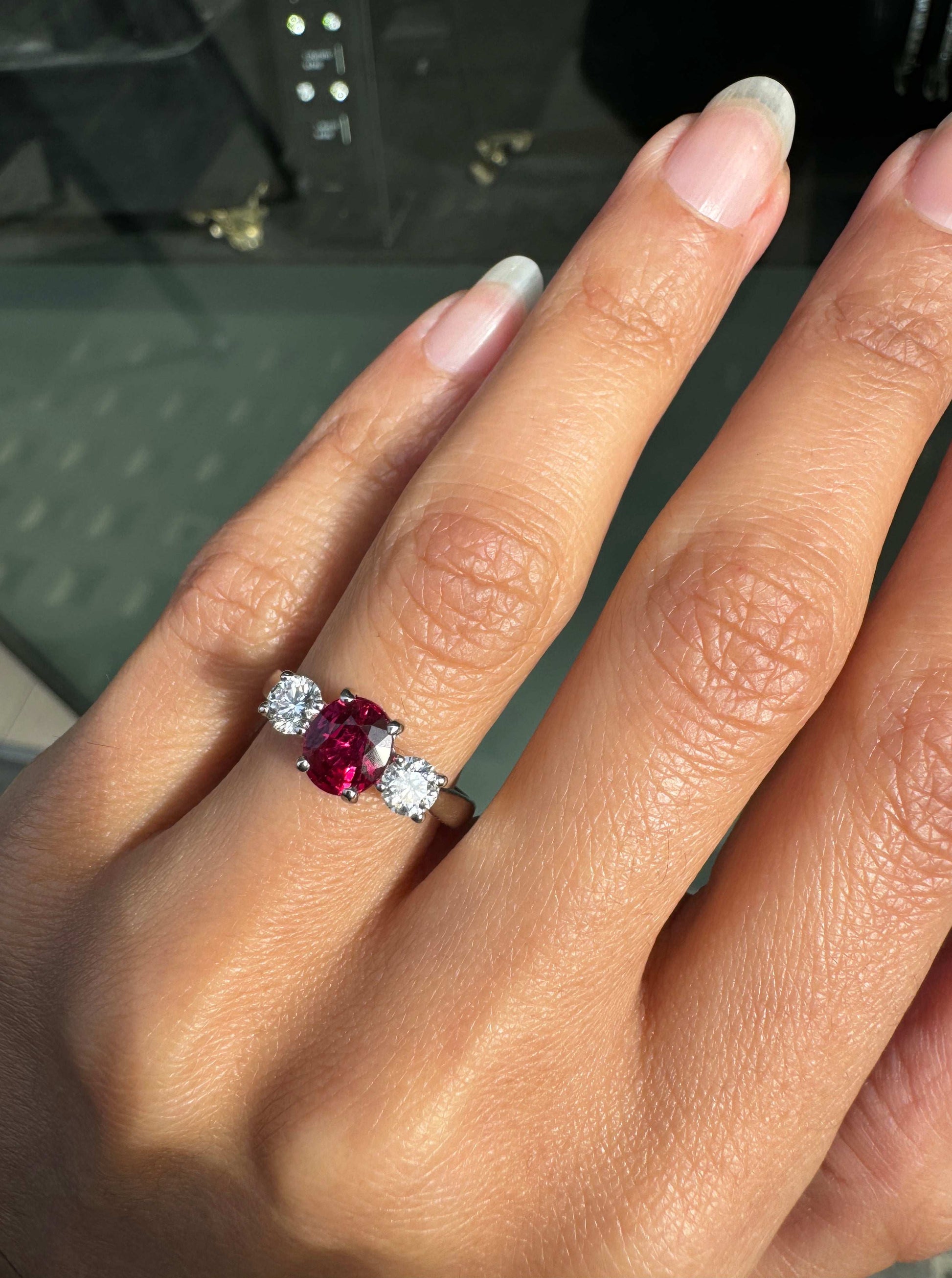 1.05ct Natural Unheated Oval Ruby & Diamond Platinum Three-Stone Engagement Ring