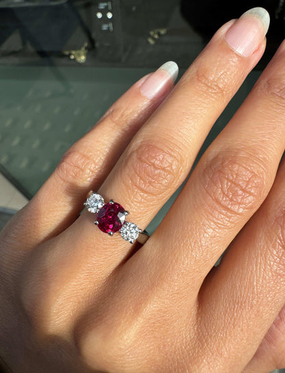 1.05ct Natural Unheated Oval Ruby & Diamond Platinum Three-Stone Engagement Ring