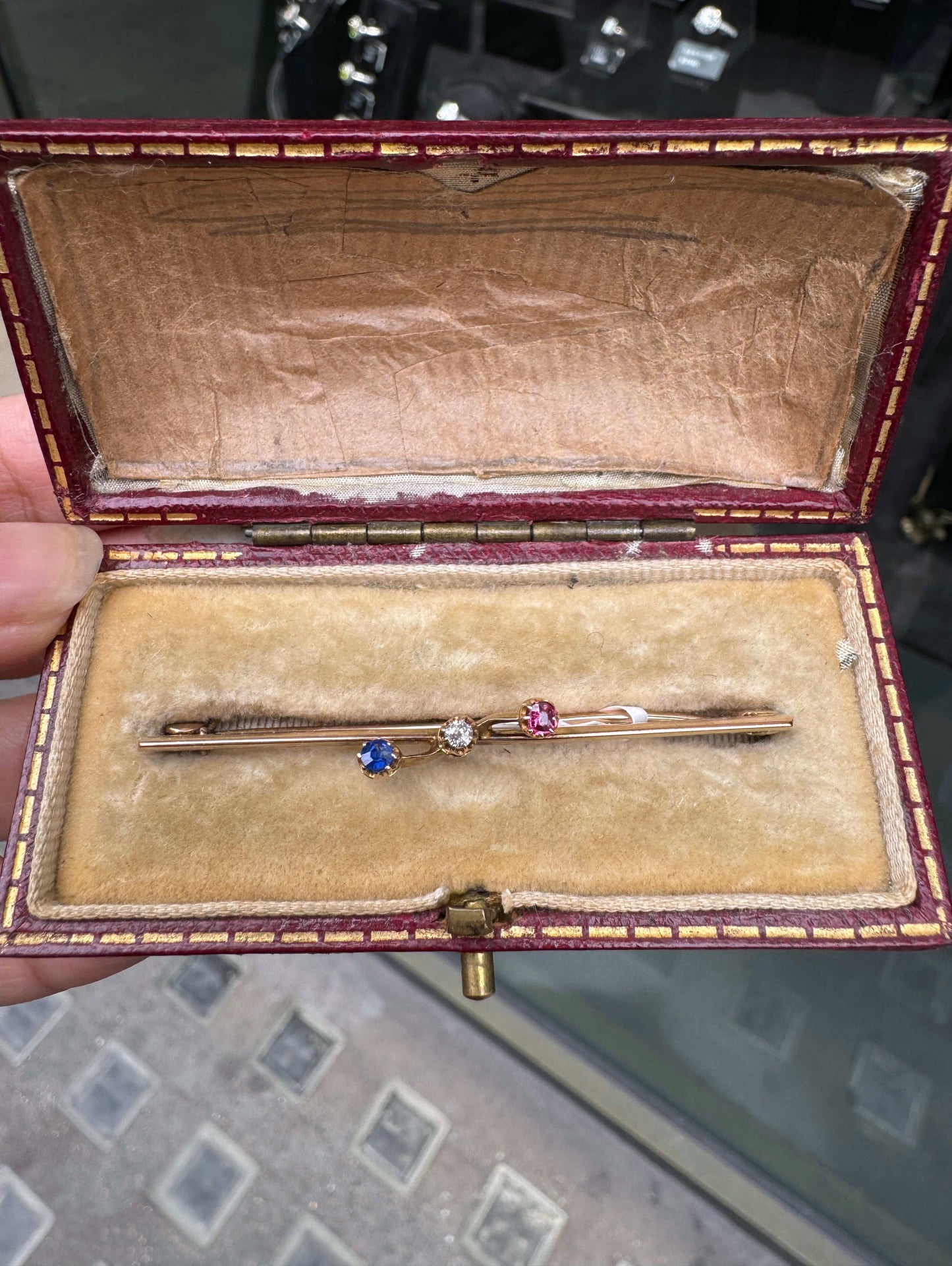 Antique Diamond, Sapphire & Ruby 9 Carat Rose Gold Bar Brooch, c.1910