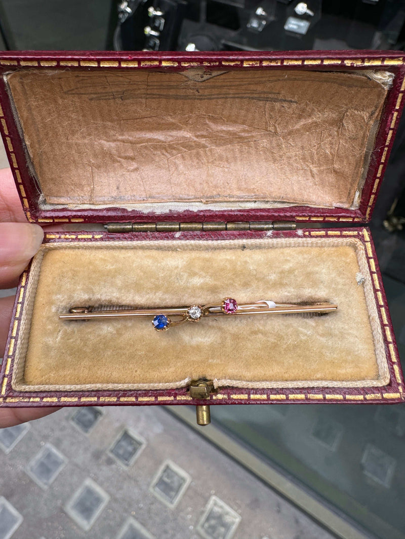 Antique Diamond, Sapphire & Ruby 9 Carat Rose Gold Bar Brooch, c.1910