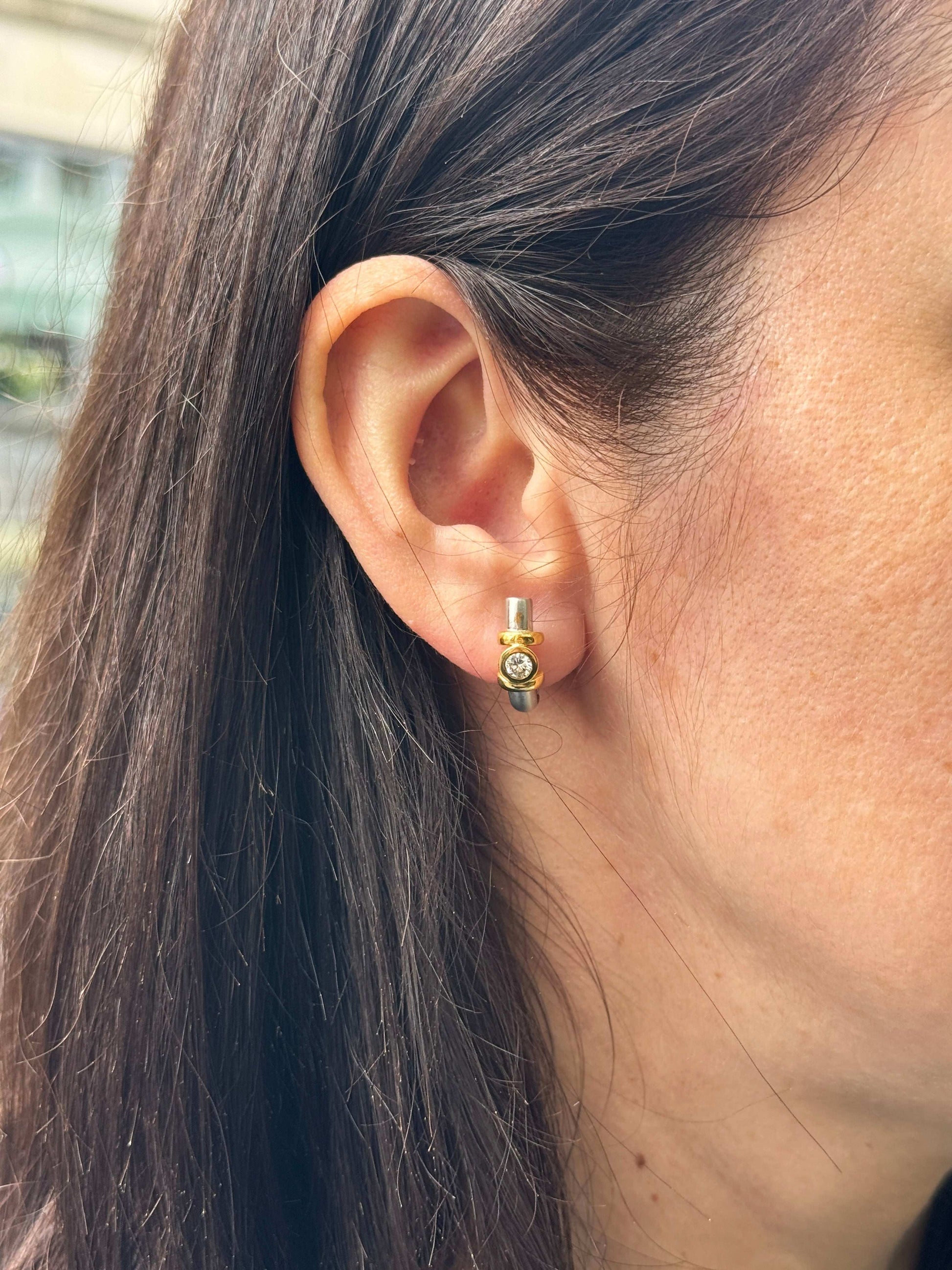 Diamond 18 Carat White and Yellow Gold Half-Hoop Earrings