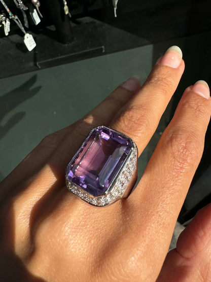 Amethyst and Diamond 18 Carat White Gold Large Cocktail Ring