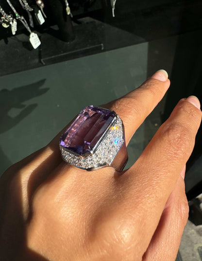 Amethyst and Diamond 18 Carat White Gold Large Cocktail Ring