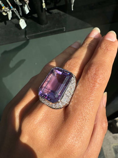 Amethyst and Diamond 18 Carat White Gold Large Cocktail Ring