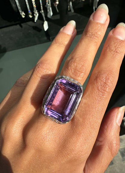 Amethyst and Diamond 18 Carat White Gold Large Cocktail Ring