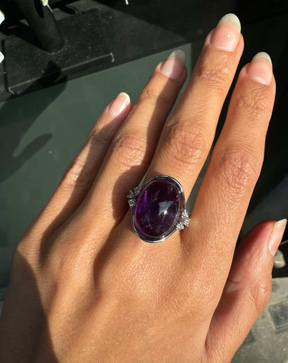 Oval Cabochon Amethyst and Diamond 18 Carat White Gold Dress Ring