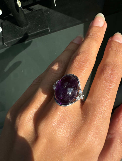 Oval Cabochon Amethyst and Diamond 18 Carat White Gold Dress Ring