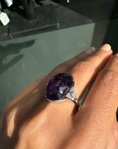 Oval Cabochon Amethyst and Diamond 18 Carat White Gold Dress Ring