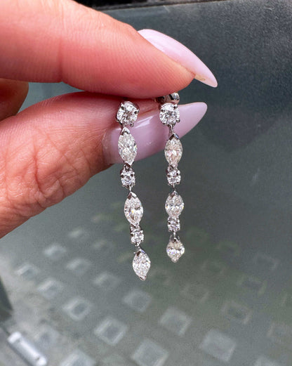 Marquise Cut and Brilliant Cut Diamond 18 Carat White Gold Dangle Drop Earrings