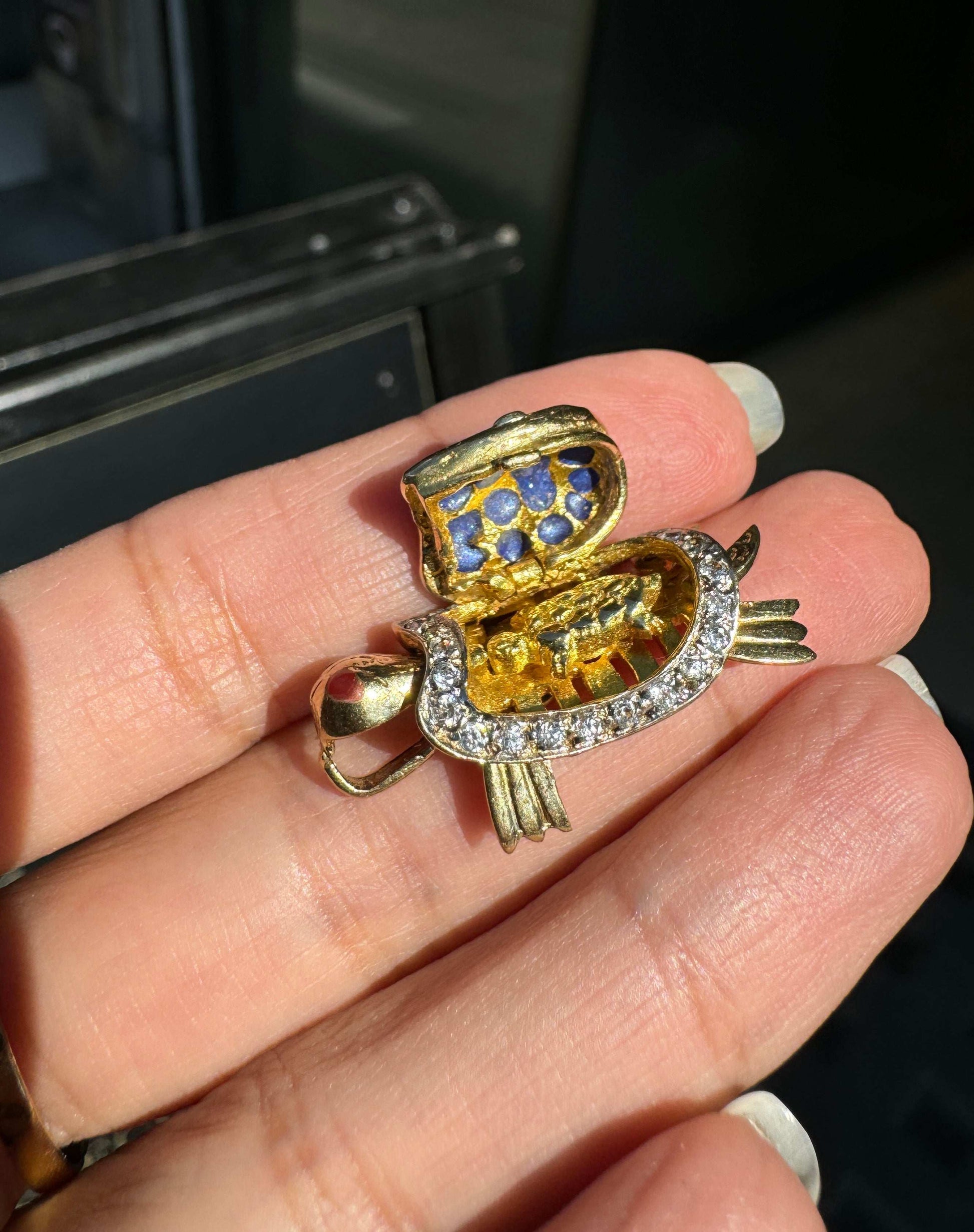 14K Yellow Gold and Enamel Moving Tortoise Charm with Hidden Hinged Compartment