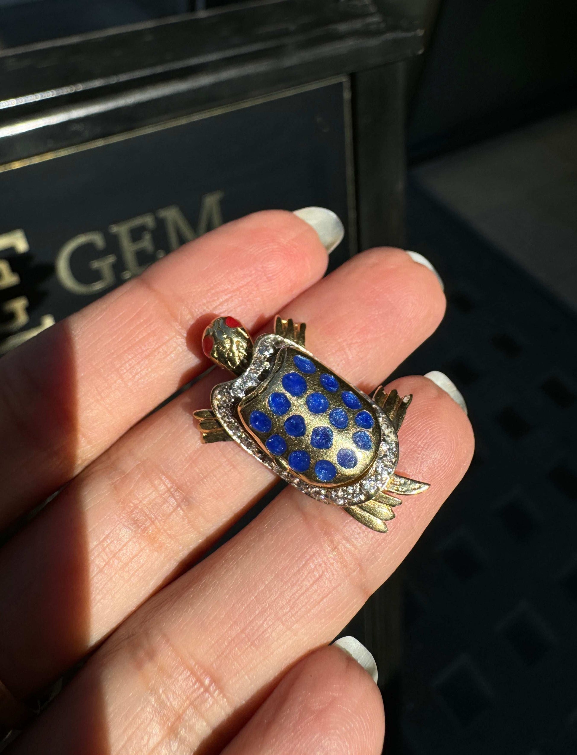 14K Yellow Gold and Enamel Moving Tortoise Charm with Hidden Hinged Compartment