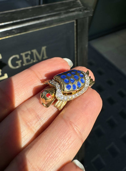 14K Yellow Gold and Enamel Moving Tortoise Charm with Hidden Hinged Compartment