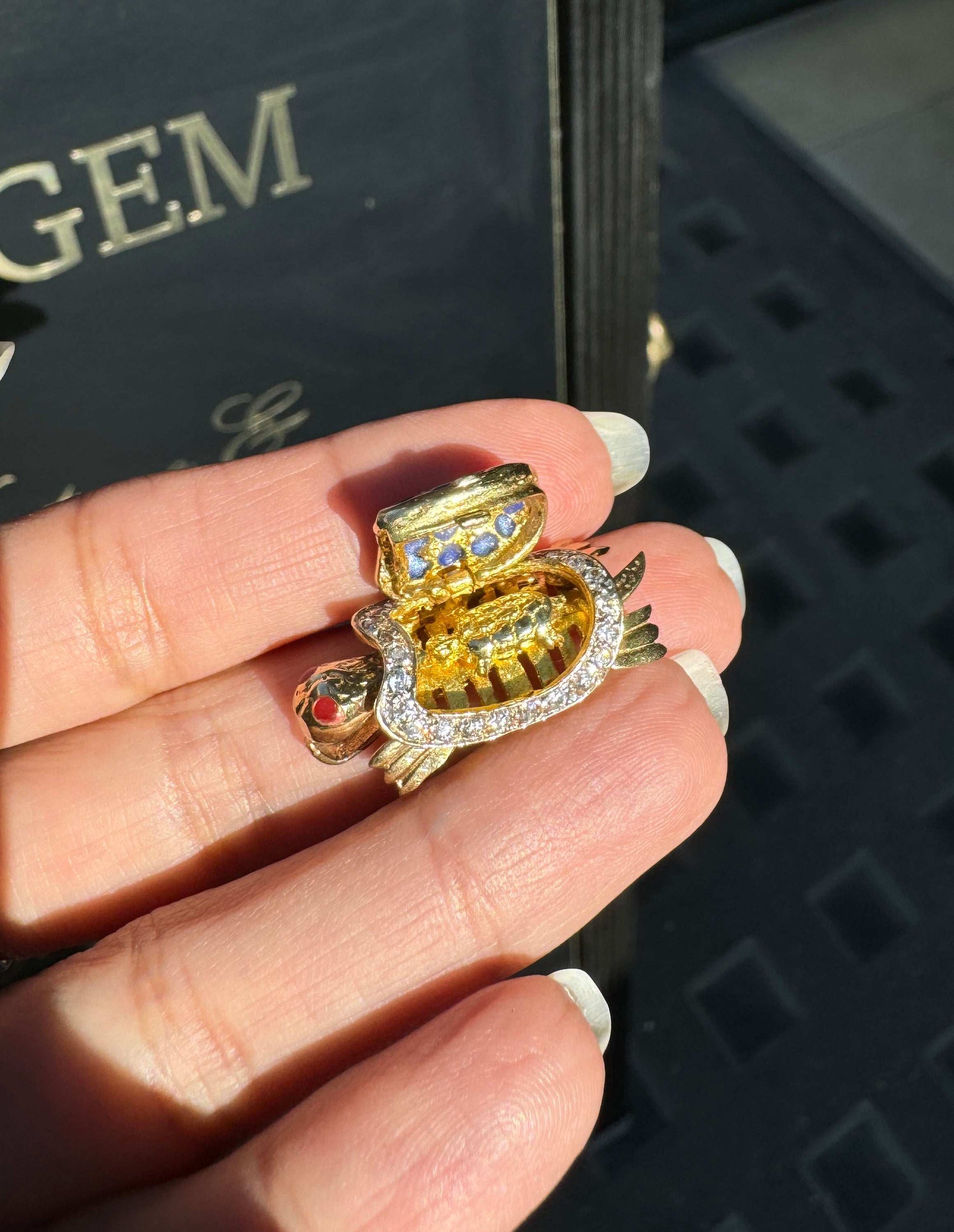 14K Yellow Gold and Enamel Moving Tortoise Charm with Hidden Hinged Compartment