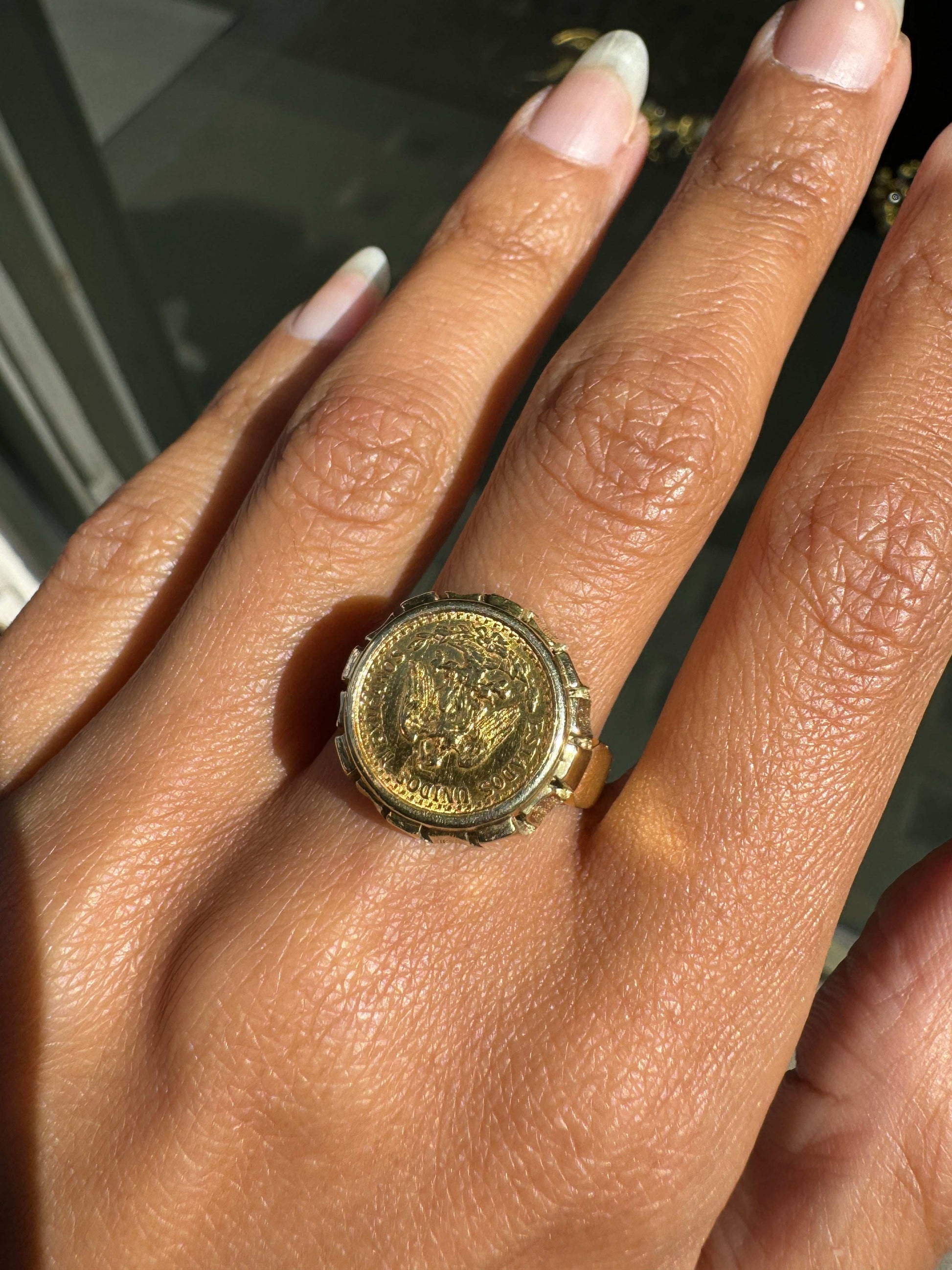 900 Dos Pesos Mexican Coin Gents Ring in 14 Carat Yellow Gold