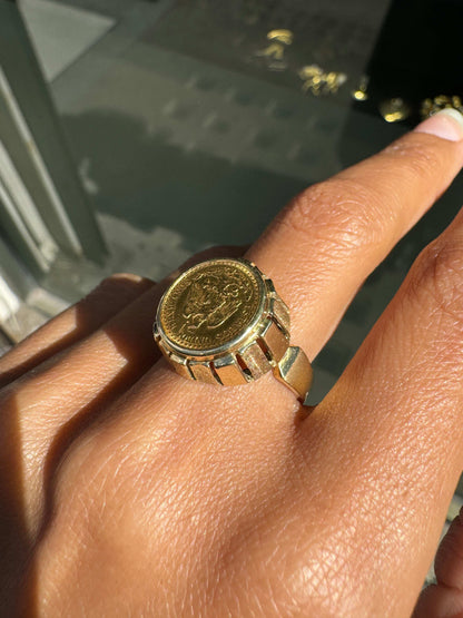 900 Dos Pesos Mexican Coin Gents Ring in 14 Carat Yellow Gold