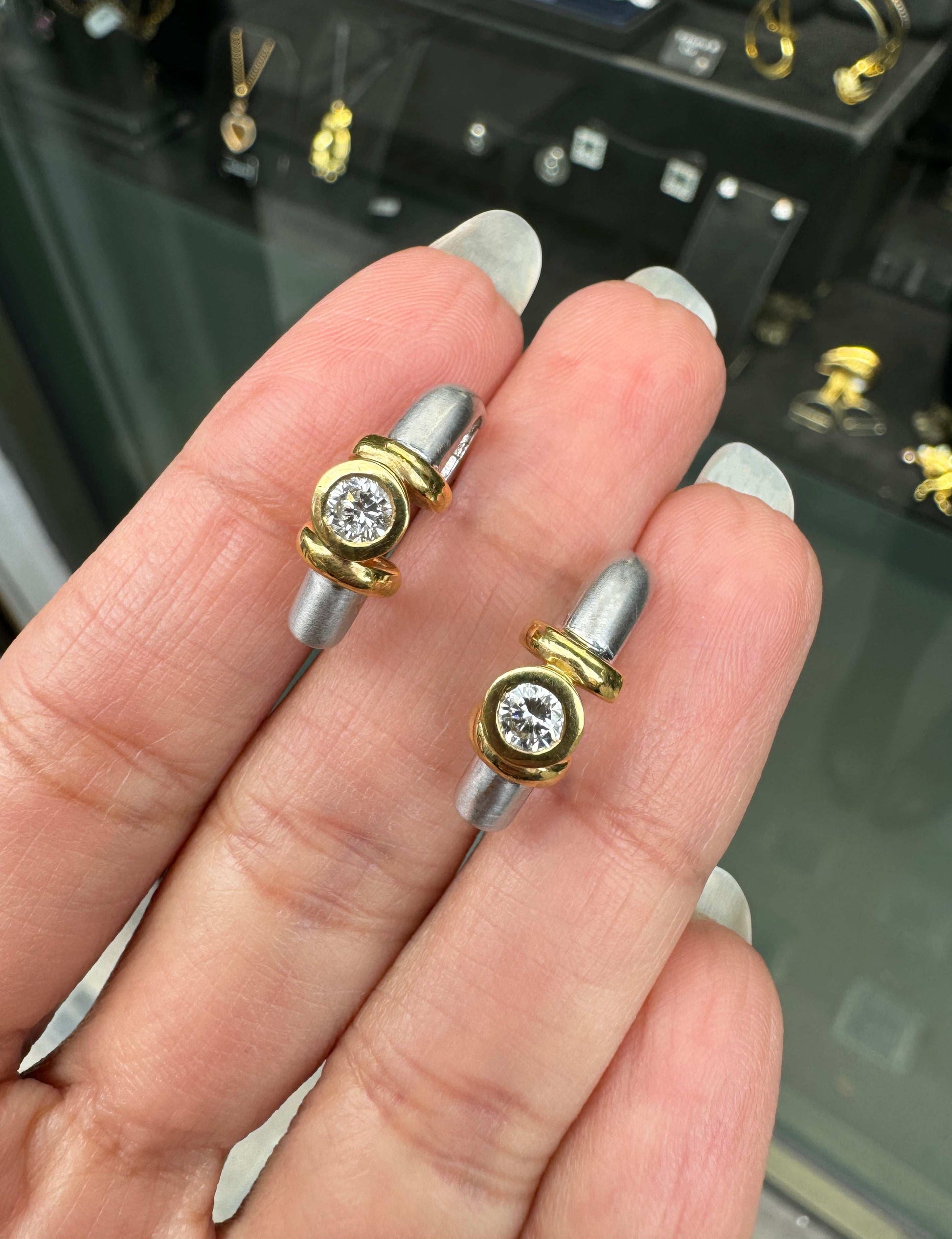 Diamond 18 Carat White and Yellow Gold Half-Hoop Earrings