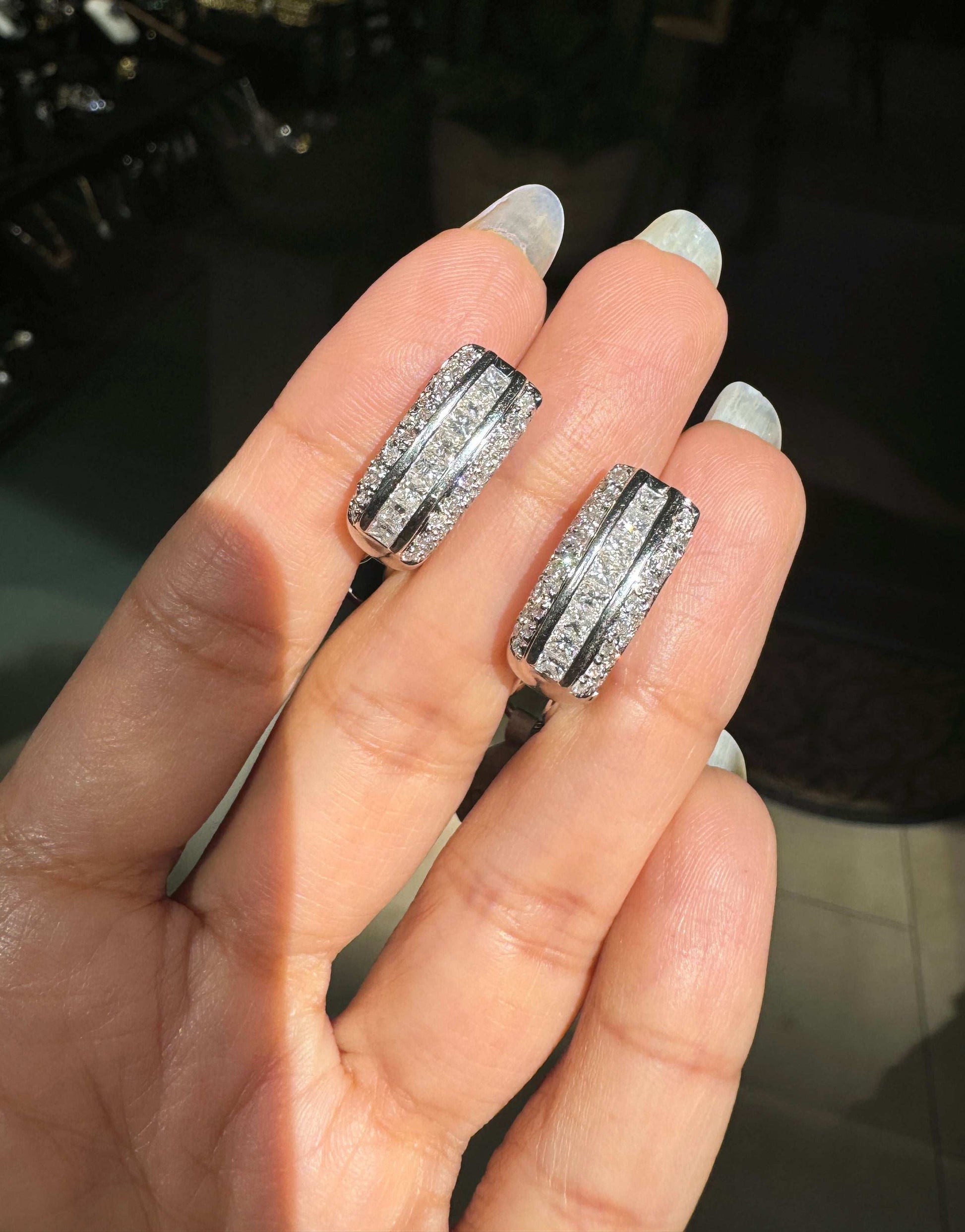 Diamond and 18 Carat White Gold Three-Row Lever-Back Half Hoop Earrings