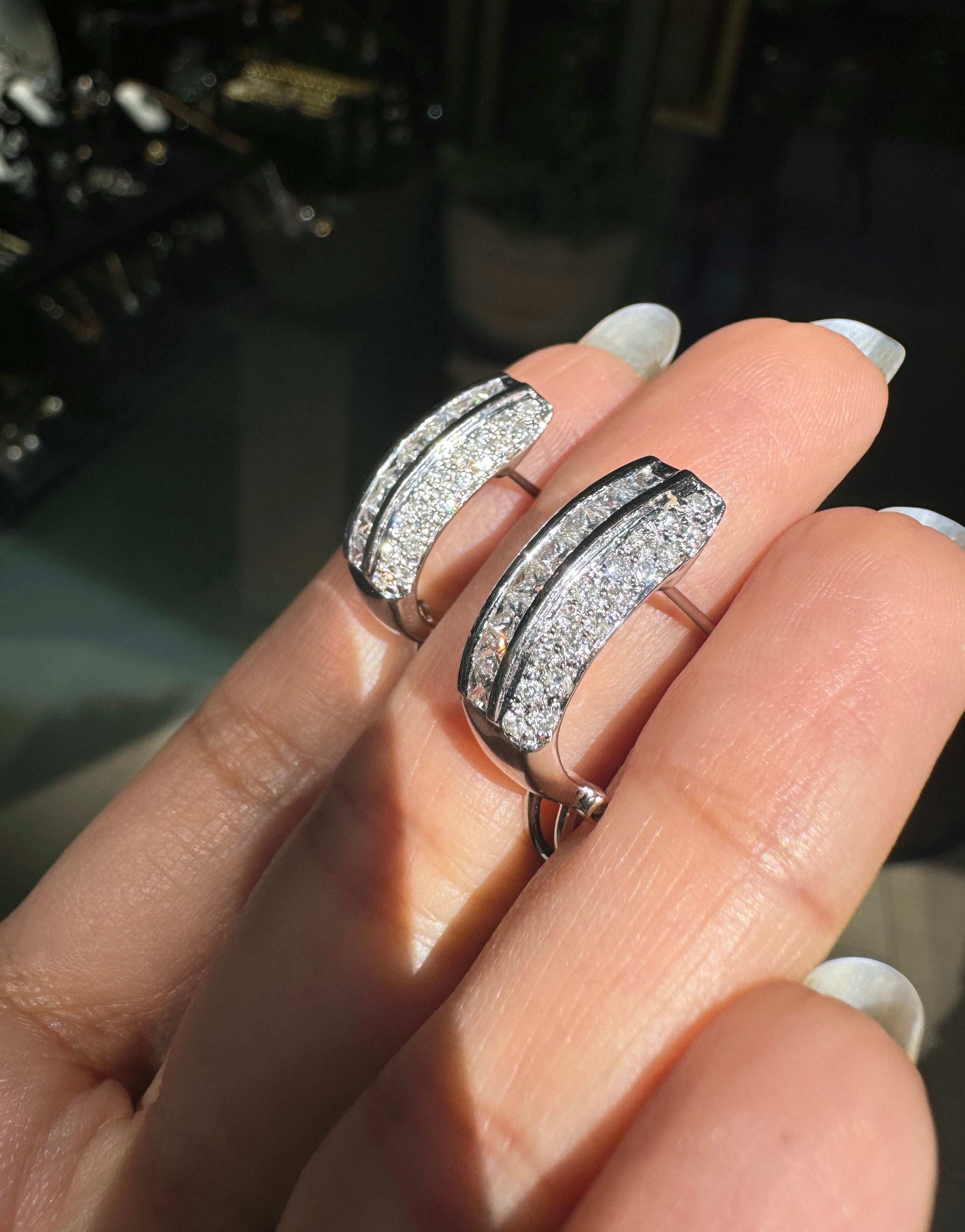 Diamond and 18 Carat White Gold Three-Row Lever-Back Half Hoop Earrings