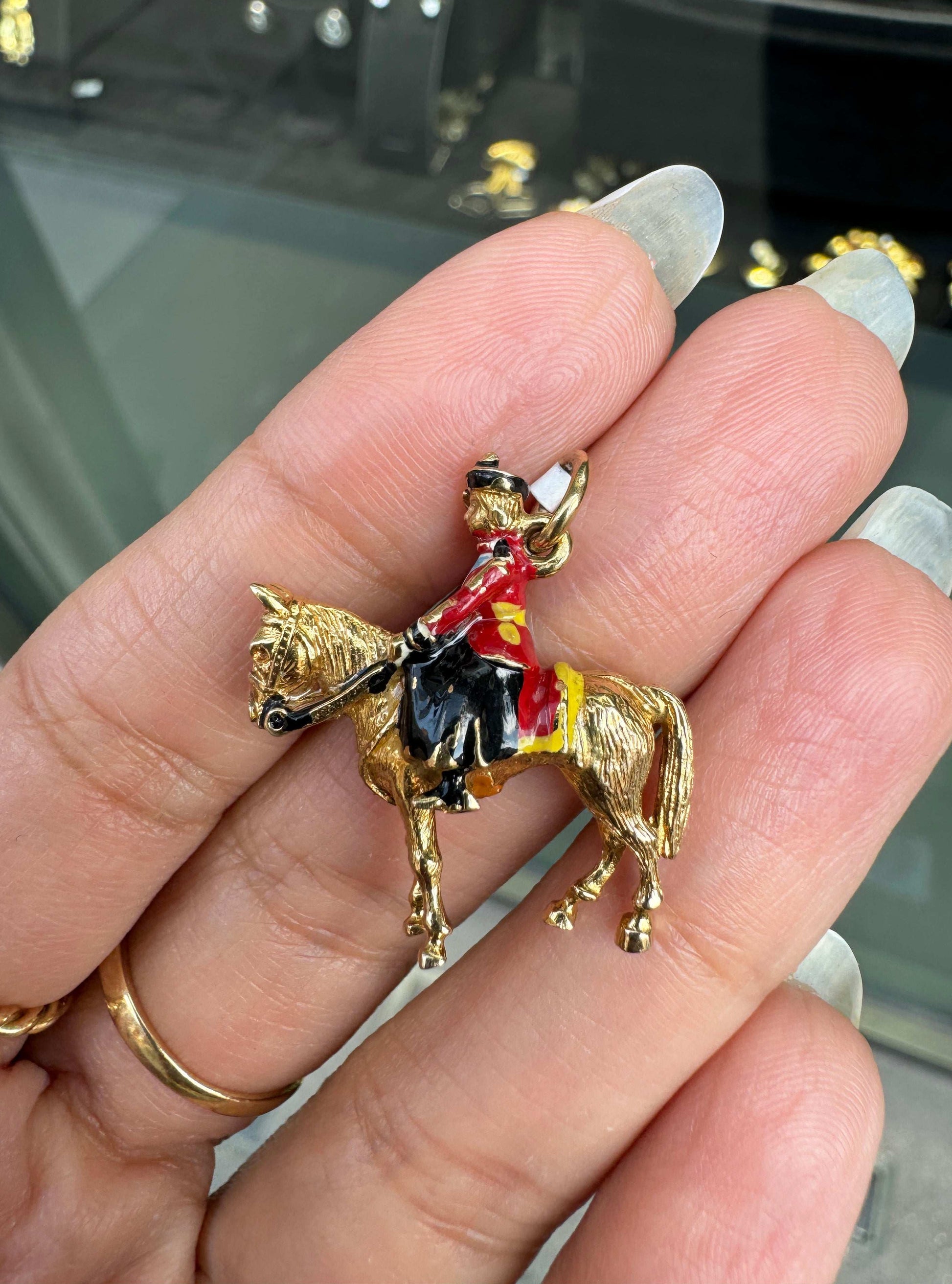 Vintage Enamel and 9K Yellow Gold 3D Royal Queen's Guard & Horse Charm