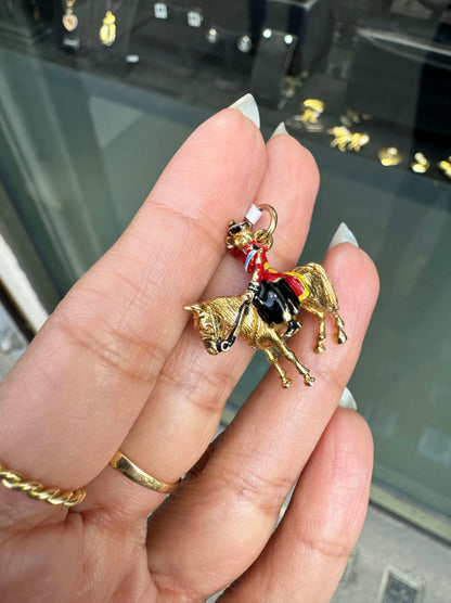 Vintage Enamel and 9K Yellow Gold 3D Royal Queen's Guard & Horse Charm