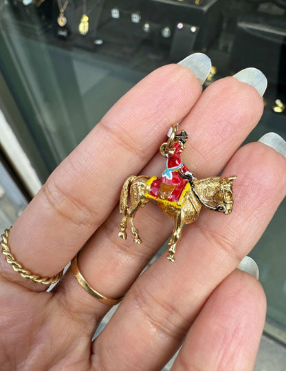 Vintage Enamel and 9K Yellow Gold 3D Royal Queen's Guard & Horse Charm
