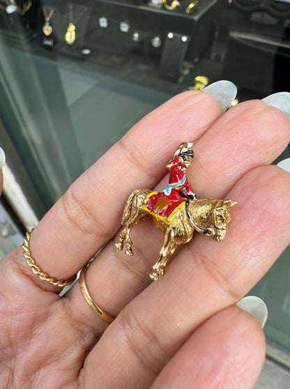 Vintage Enamel and 9K Yellow Gold 3D Royal Queen's Guard & Horse Charm