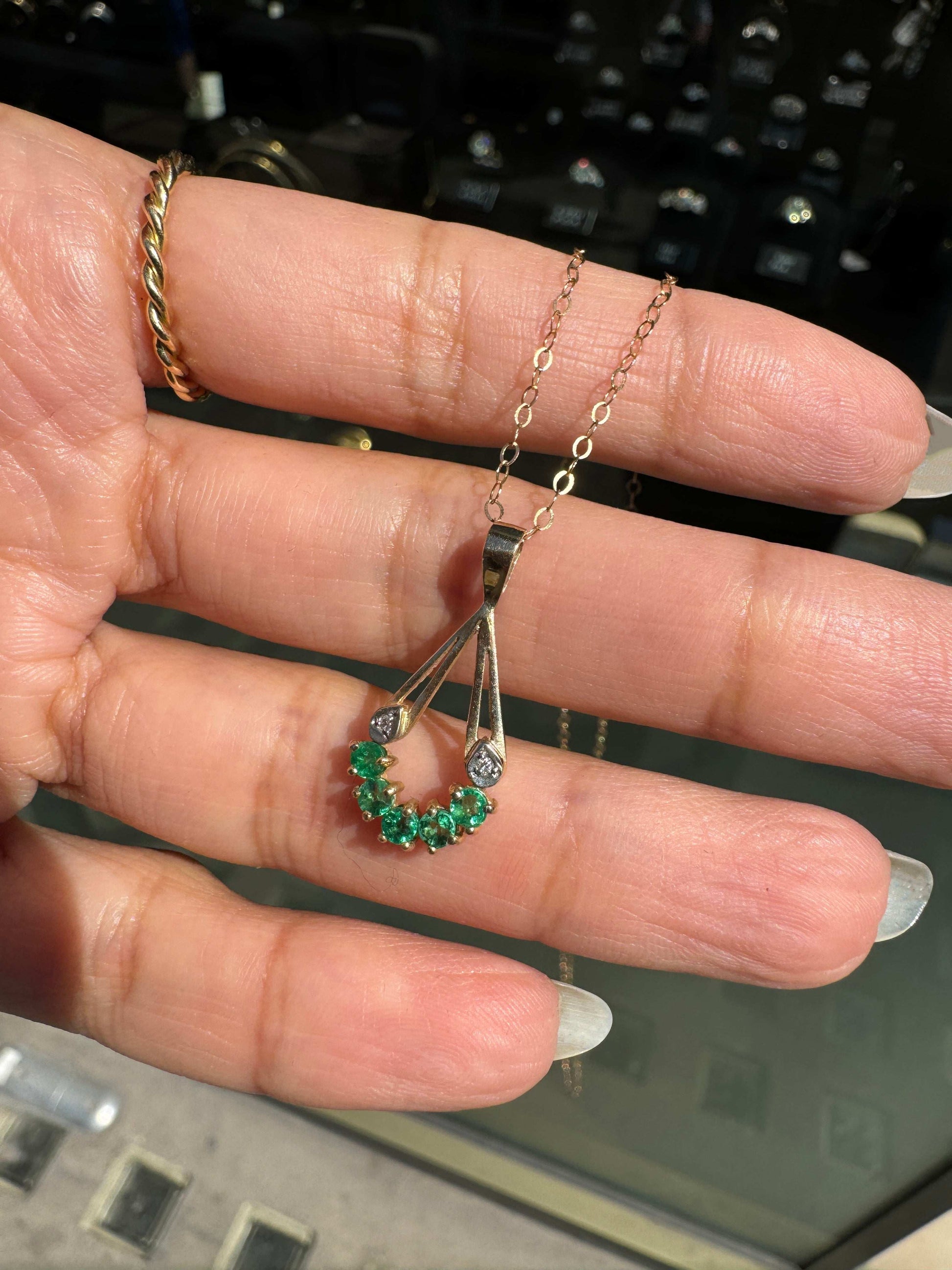 Vintage Emerald and Diamond 9 Carat Yellow Gold Open Work Drop Pendant and Chain