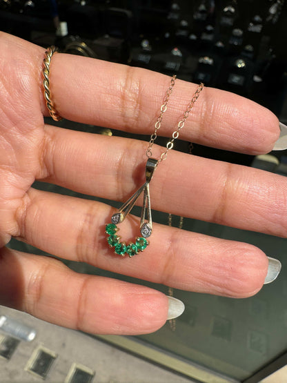 Vintage Emerald and Diamond 9 Carat Yellow Gold Open Work Drop Pendant and Chain