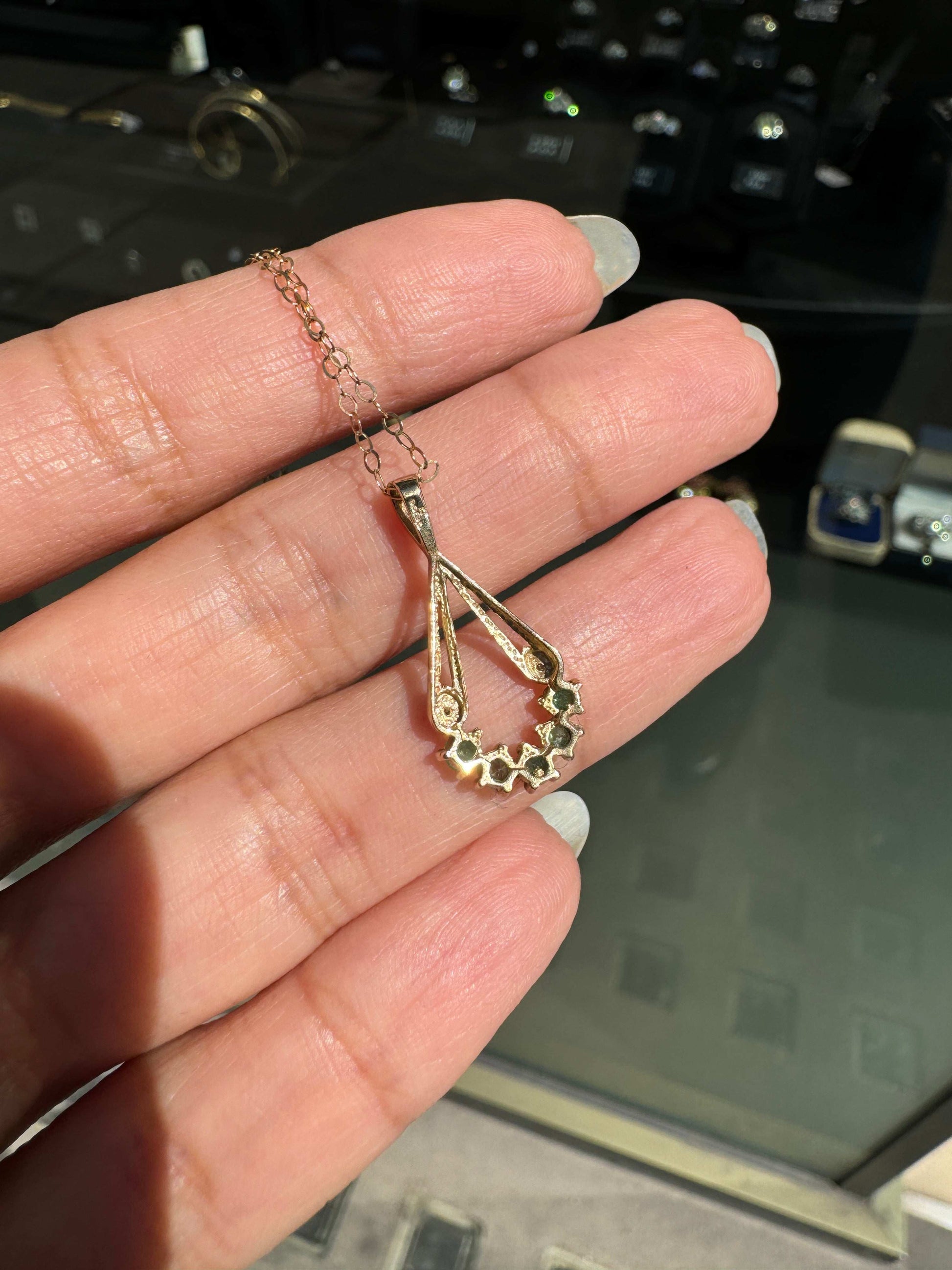 Vintage Emerald and Diamond 9 Carat Yellow Gold Open Work Drop Pendant and Chain