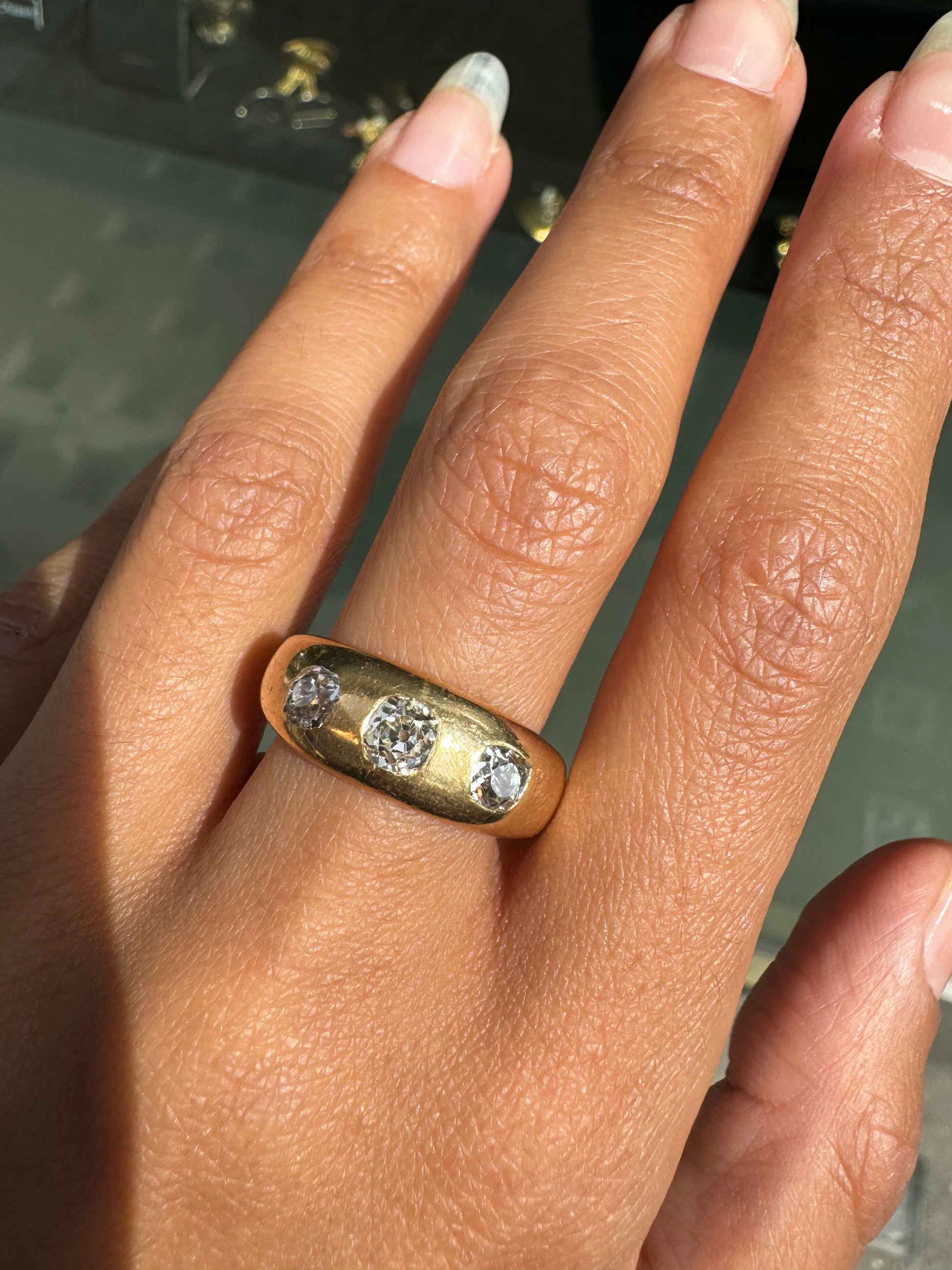 Antique Old Mine Cut Diamond 18K Yellow Gold Gents Three-Stone Ring