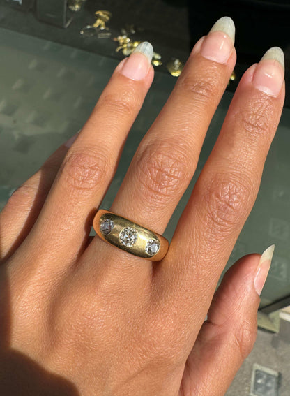 Antique Old Mine Cut Diamond 18K Yellow Gold Gents Three-Stone Ring