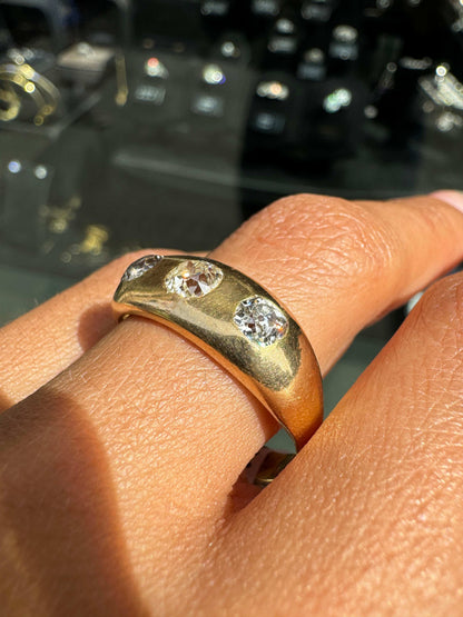 Antique Old Mine Cut Diamond 18K Yellow Gold Gents Three-Stone Ring