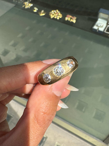 Antique Old Mine Cut Diamond 18K Yellow Gold Gents Three-Stone Ring