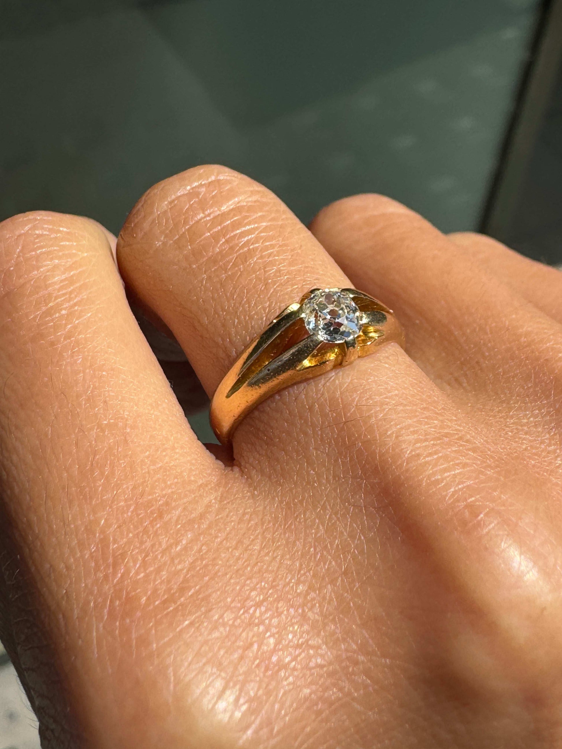 Antique Old Mine Cut Diamond & 18K Yellow Gold Solitaire Gents Ring, London 1904