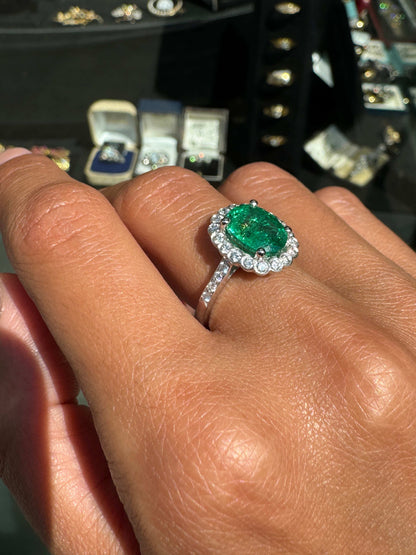 2.39ct Oval Emerald and Diamond Halo 18 Carat White Gold Cluster Engagement Ring
