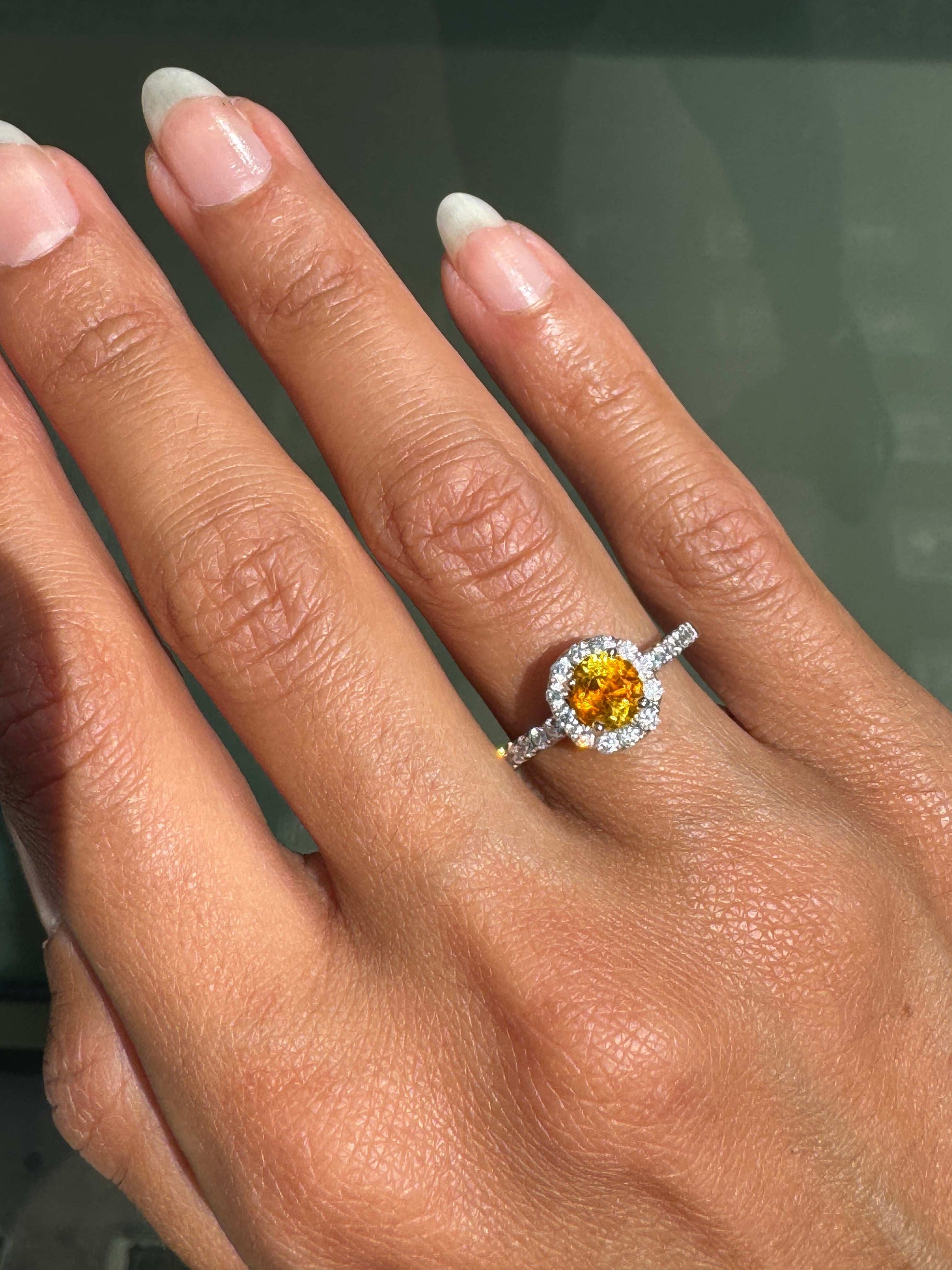 1.17ct Orange Sapphire and Diamond Halo 18K White Gold Cluster Engagement Ring