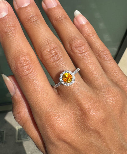 1.17ct Orange Sapphire and Diamond Halo 18K White Gold Cluster Engagement Ring