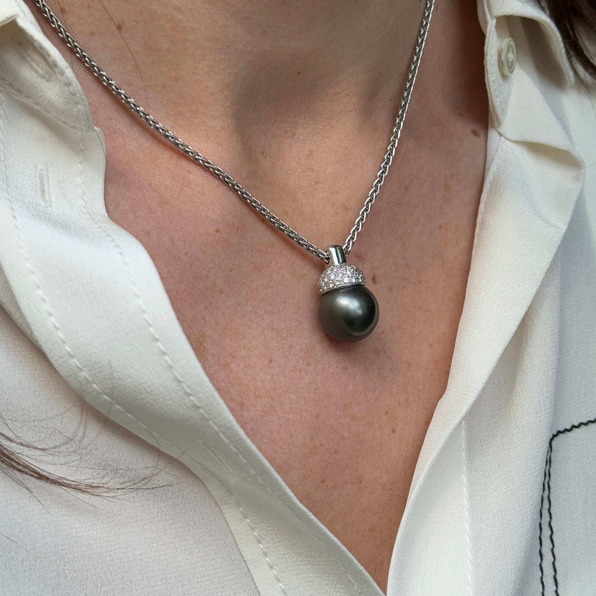 Black Tahitian Pearl and Diamond 18 Carat White Gold Pendant and Wheat Chain