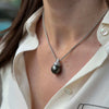Black Tahitian Pearl and Diamond 18 Carat White Gold Pendant and Wheat Chain
