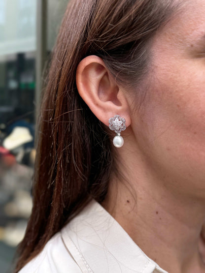 Cultured Pearl and Floral Diamond Cluster 18 Carat White Gold Drop Earrings
