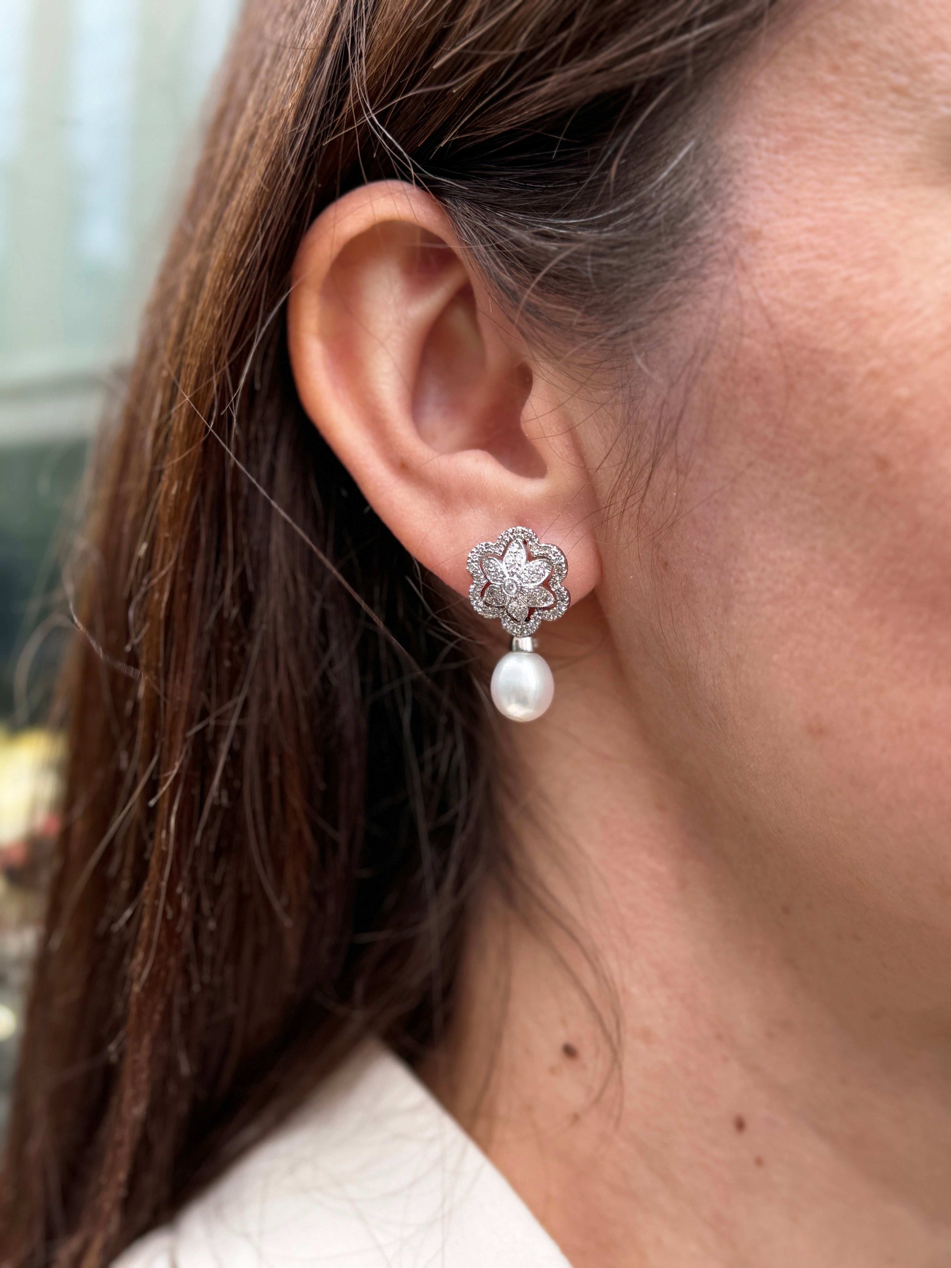 Cultured Pearl and Floral Diamond Cluster 18 Carat White Gold Drop Earrings