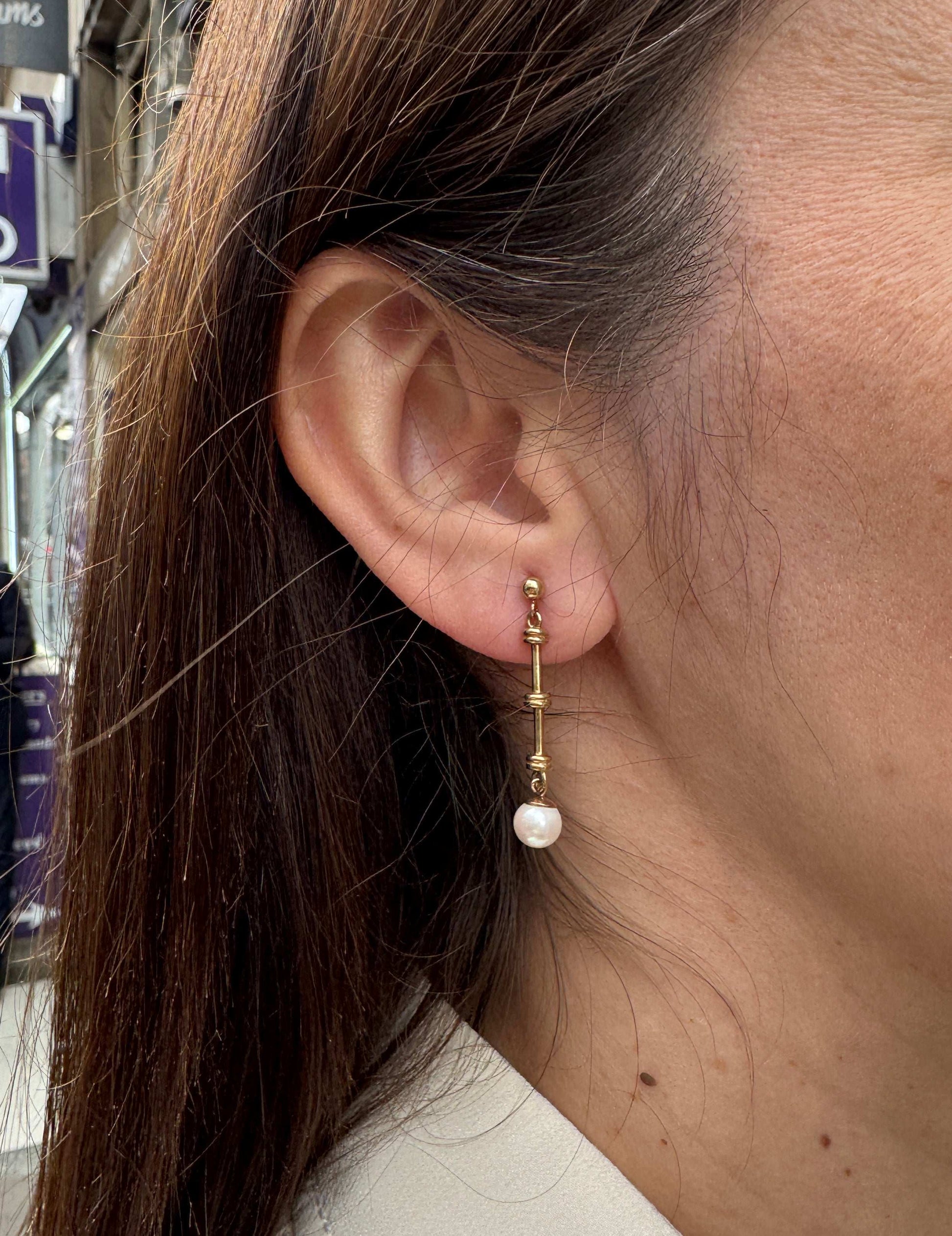 Cutured Pearl and 9 Carat Yellow Gold Bar Drop Earrings