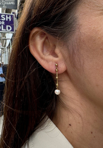 Cutured Pearl and 9 Carat Yellow Gold Bar Drop Earrings