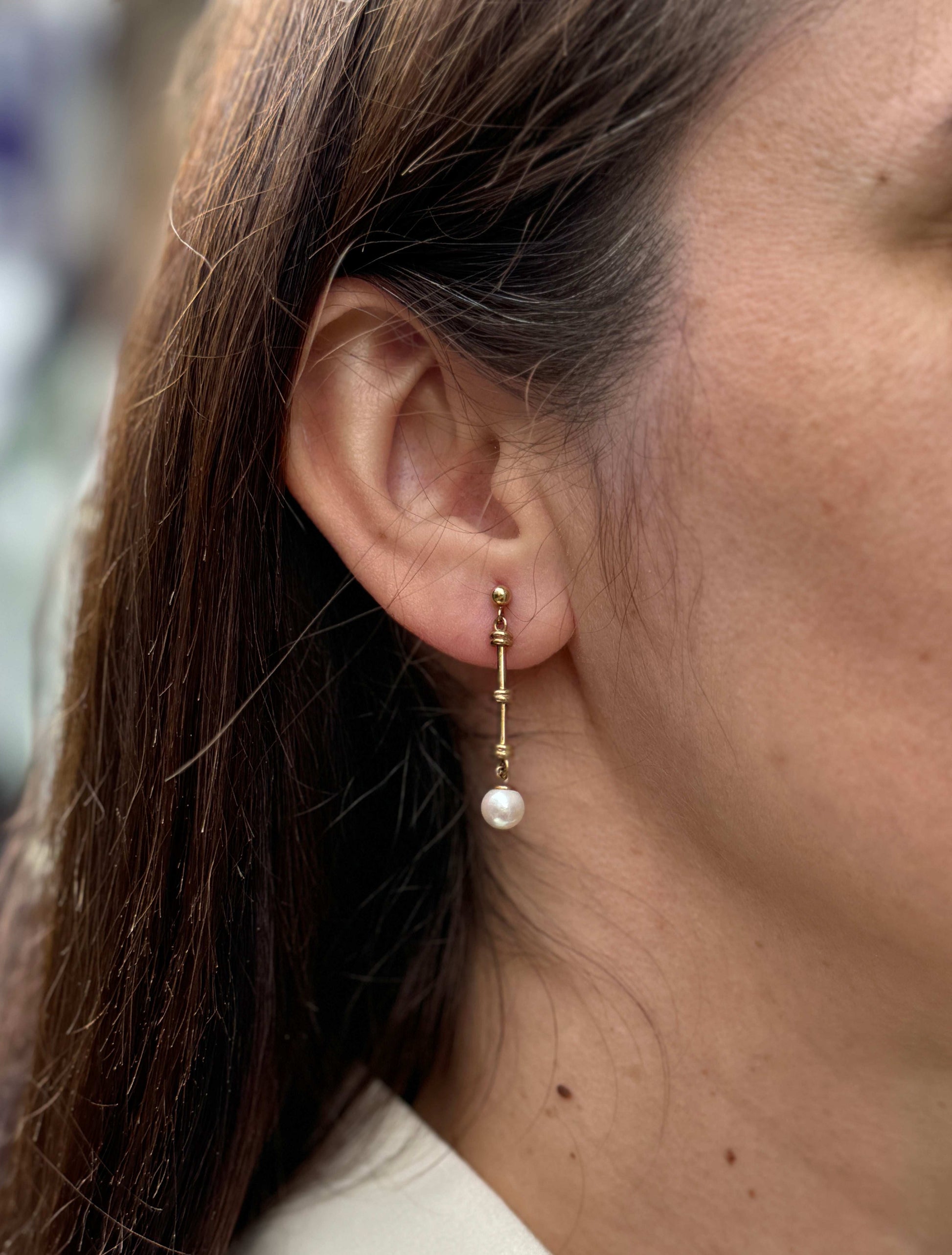 Cutured Pearl and 9 Carat Yellow Gold Bar Drop Earrings