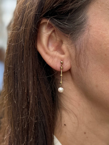 Cutured Pearl and 9 Carat Yellow Gold Bar Drop Earrings