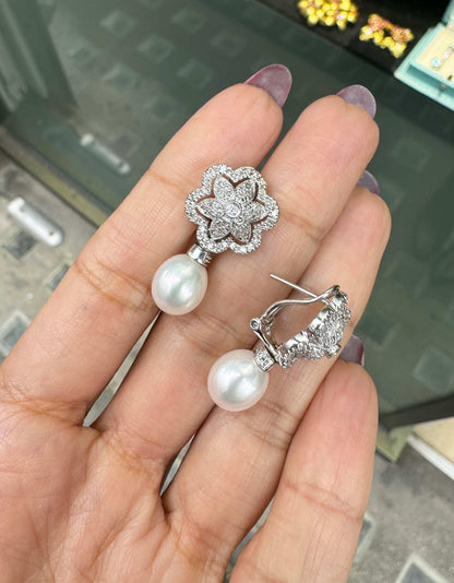 Cultured Pearl and Floral Diamond Cluster 18 Carat White Gold Drop Earrings