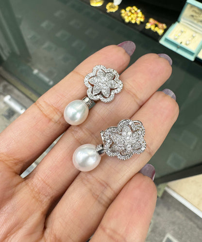 Cultured Pearl and Floral Diamond Cluster 18 Carat White Gold Drop Earrings
