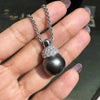 Black Tahitian Pearl and Diamond 18 Carat White Gold Pendant and Wheat Chain