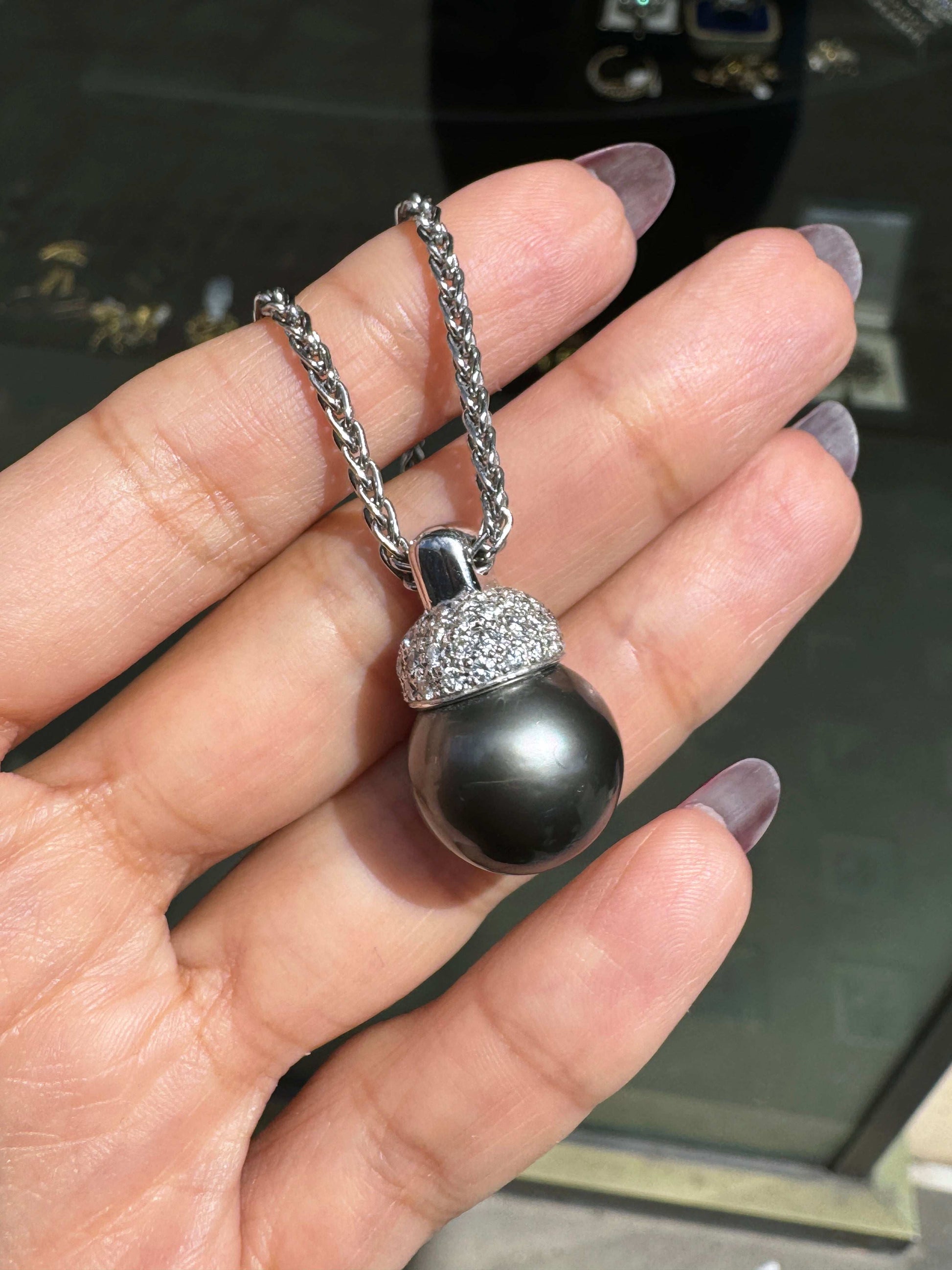 Black Tahitian Pearl and Diamond 18 Carat White Gold Pendant and Wheat Chain